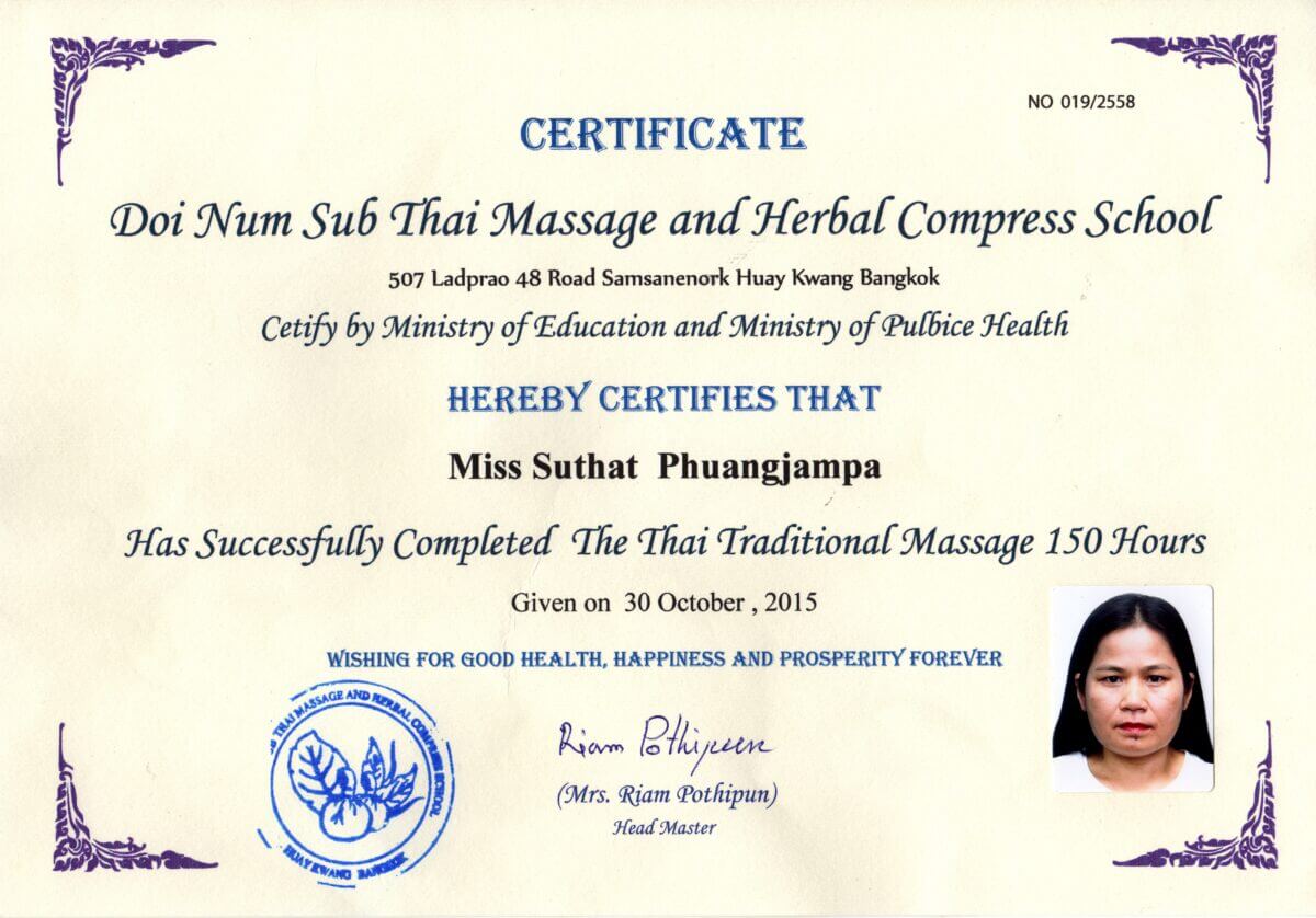 Certificate Traditional Thai Massage Suthat Puhangjampa Certificate Traditional Thai Massage Suthat Puhangjampa