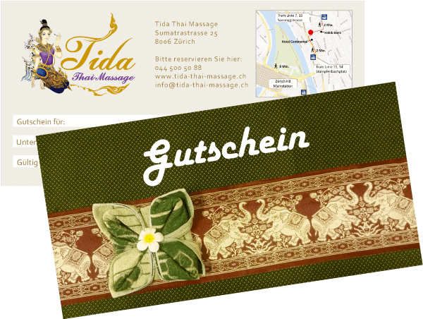 Massage gift voucher from Tida Thai Massage in Zurich – premium gift card for Thai and wellness massages.