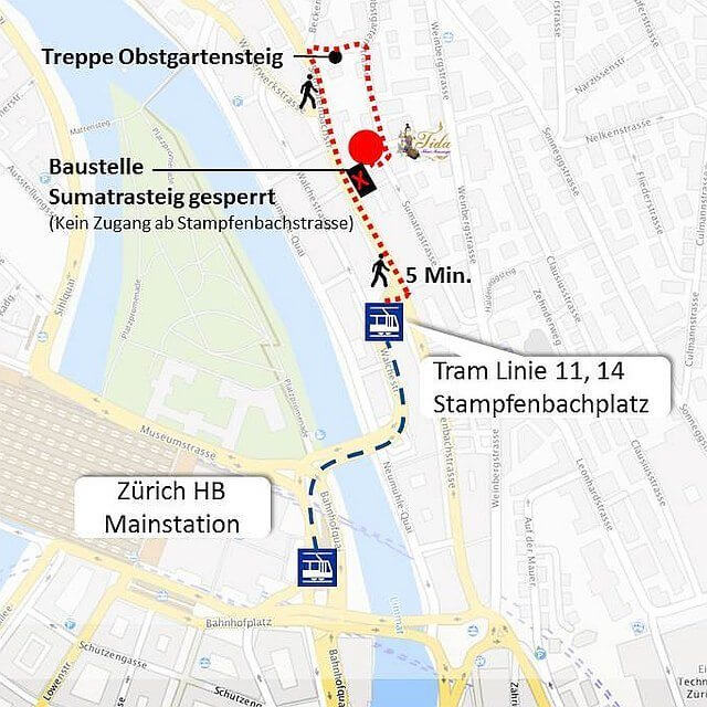 Anfahrtsplan ab HB Baustelle via Treppe Obstgartensteig